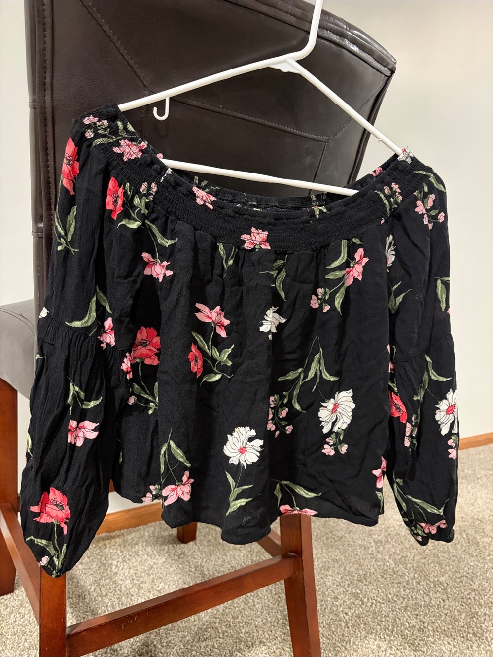 Hollister Black Floral Off-Shoulder Blouse with Pink and White Flowers